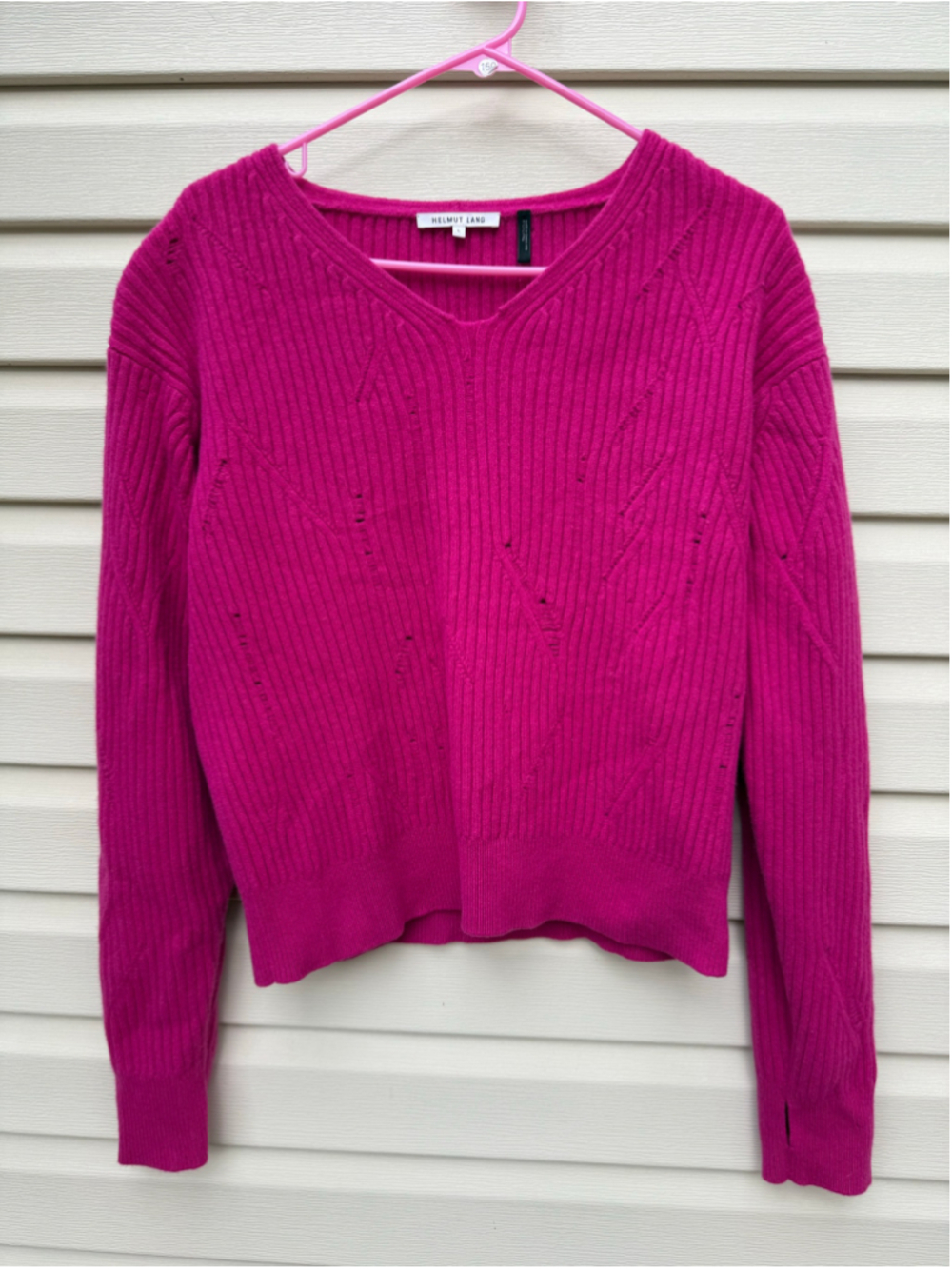Helmut Lang Womens L Pink 100% Lambswool Distressed V Neck Sweater Italian Yarn
